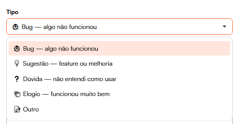 Janela de feedback do MAPA para Revit com a lista de tipos de feedback