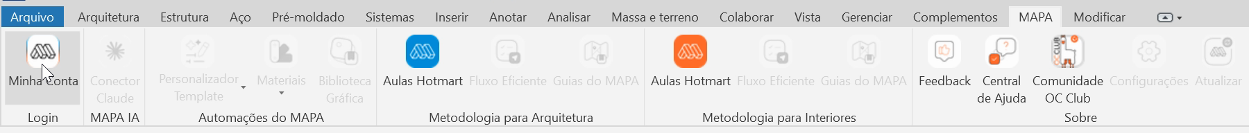 Aba MAPA aberta na faixa de ferramentas do Revit, com o botão Minha Conta à esquerda, os painéis de automações e metodologia no meio e os botões Feedback e Central de Ajuda à direita