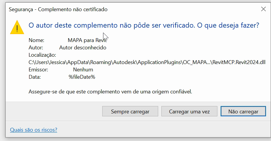 Janela de segurança do Revit dizendo que o autor do complemento não pôde ser verificado, com os botões Sempre carregar, Carregar uma vez e Não carregar
