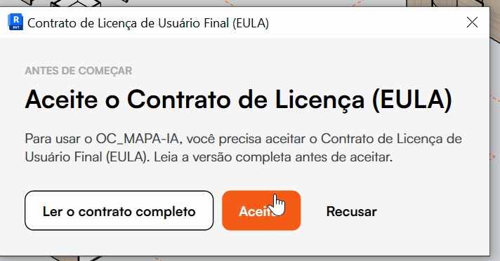 Janela Aceite o Contrato de Licença (EULA), com os botões Ler o contrato completo, Aceitar e Recusar