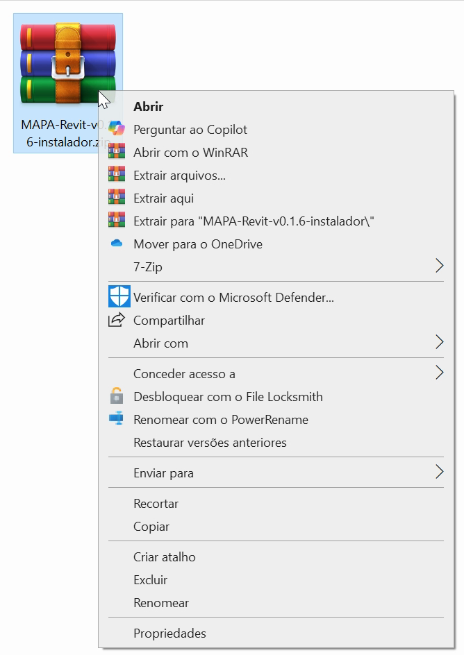 Menu do botão direito sobre o zip do MAPA para Revit, com as opções de extrair do compactador