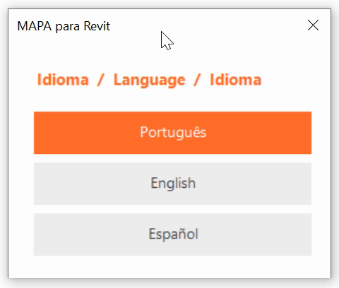 Janela de escolha de idioma do instalador, com as opções Português, English e Español