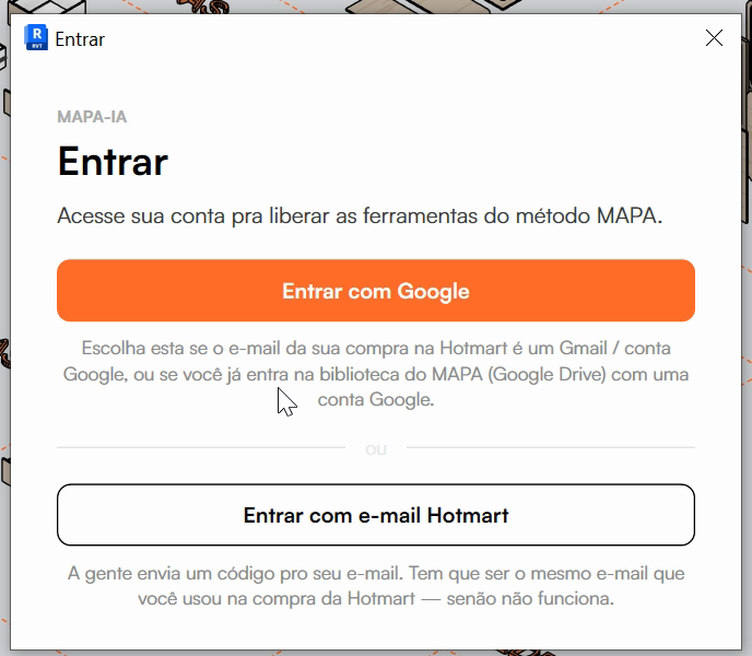 Janela Entrar do MAPA para Revit, com os botões Entrar com Google e Entrar com e-mail Hotmart