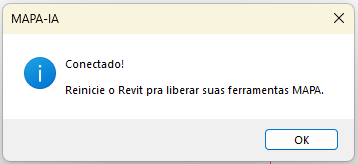 Janela do MAPA com a mensagem Conectado e o pedido de reiniciar o Revit