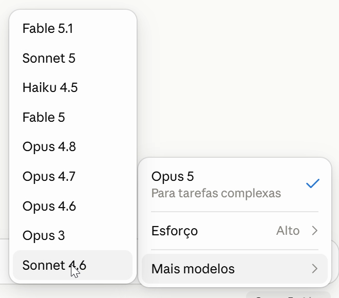Seletor de modelo do Claude aberto em Mais modelos, com a opção Sonnet 4.6