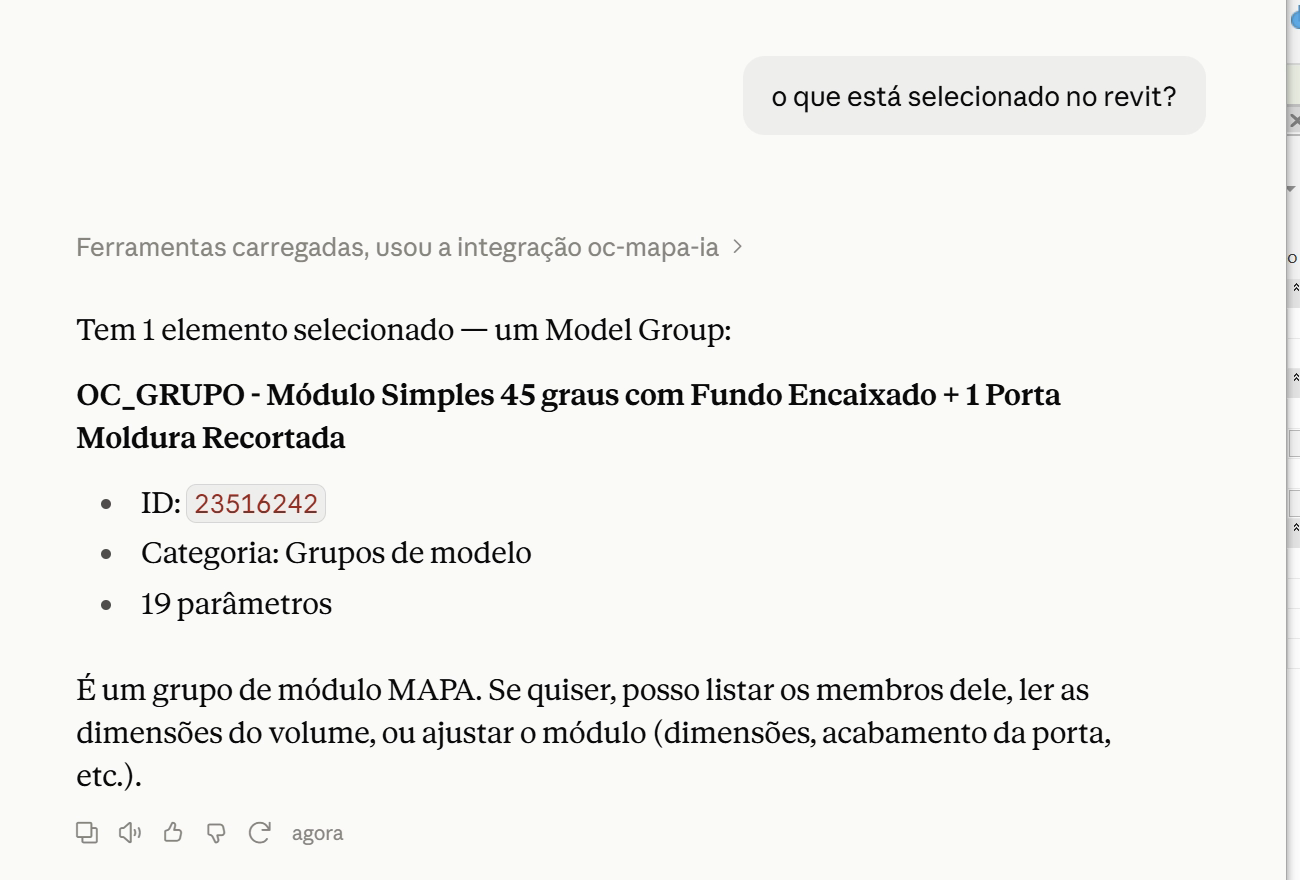 Conversa no Claude: a pergunta o que está selecionado no Revit e a resposta com o grupo de módulo MAPA selecionado