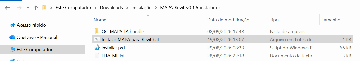 Pasta extraída com OC_MAPA-IA.bundle, Instalar MAPA para Revit.bat, installer.ps1 e LEIA-ME.txt
