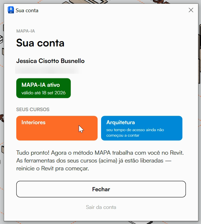 Janela Sua conta mostrando a tarja MAPA-IA ativo e os selos dos cursos Interiores e Arquitetura
